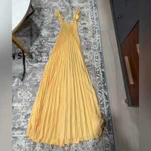 SHEIN Yellow Pleated Maxi Dress with Floral Shoulder Straps
